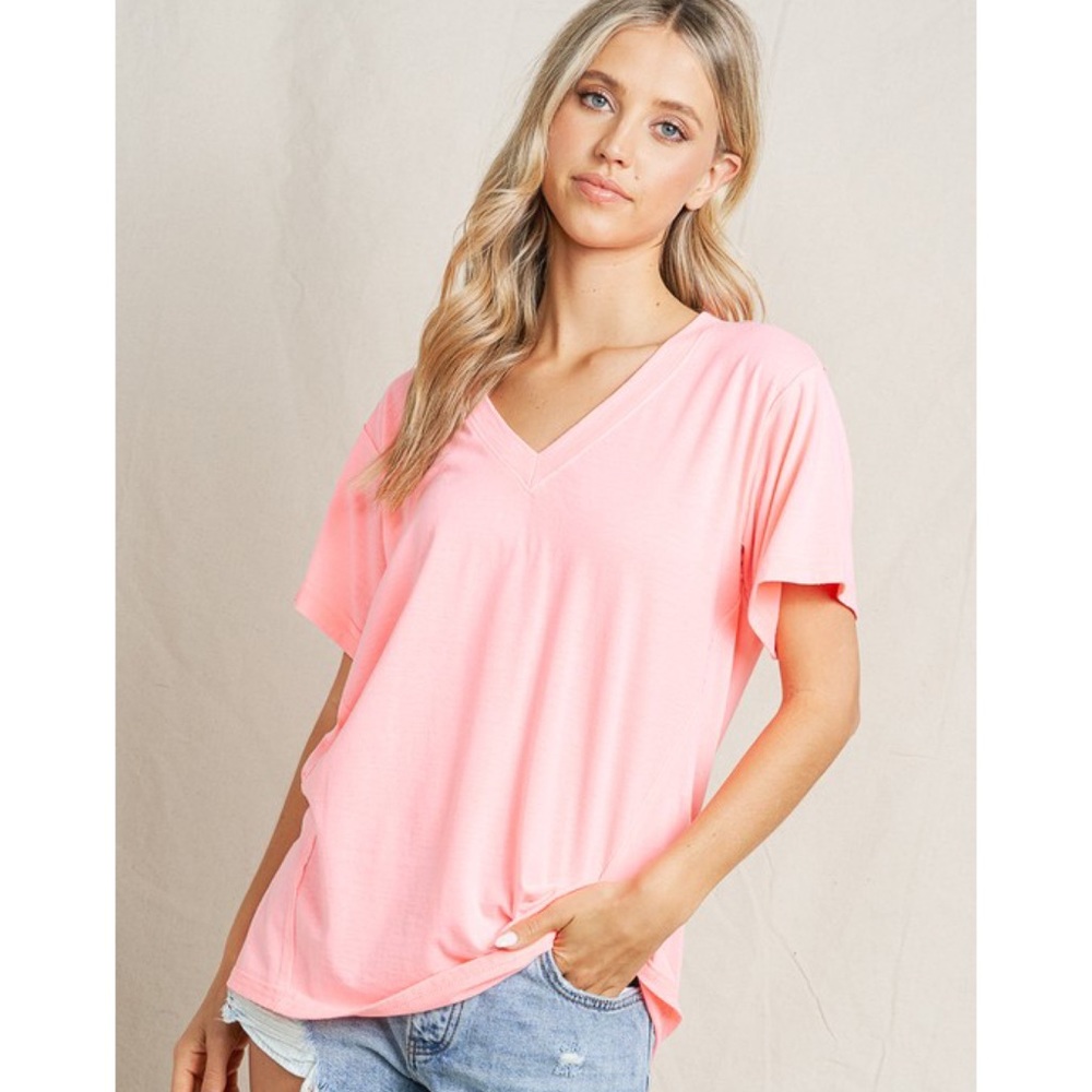 Last1️⃣ Bright Neon Pink Tee V-Neck Pigment Dyed Top Spring Summer Tees